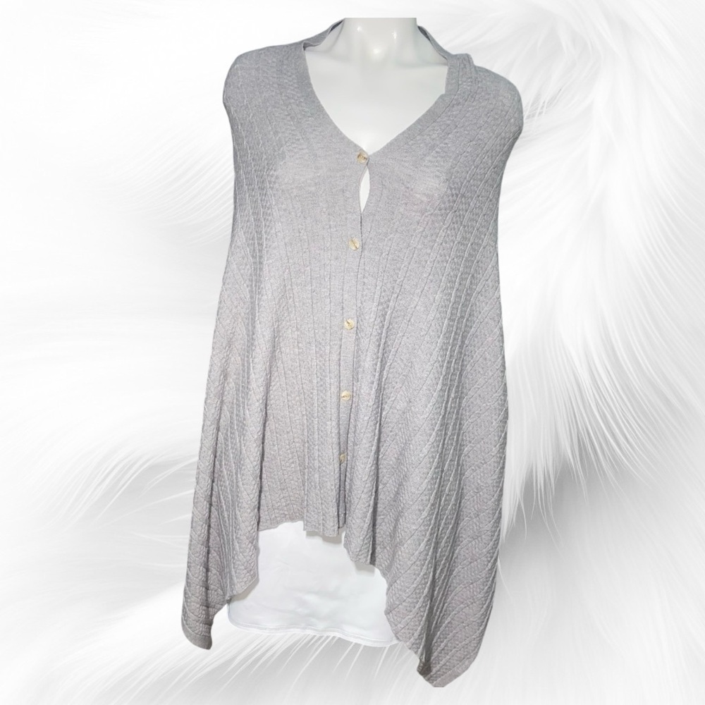 Bali Gray Ribbed Knit Button Front Cape Cardigan Shawl Wrap Poncho OS